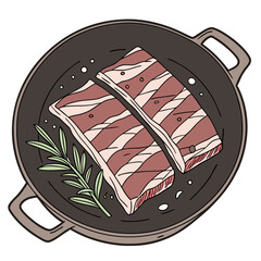 Hand-drawn vector illustration of two raw beef short ribs seasoned with rosemary in a cast iron skillet, ready for cooking