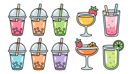 The top row shows four bubble tea drinks in clear plastic cups with domed lids and brown straws.