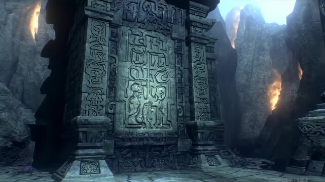 Mysterious ancient ruins corridor with carvings and glowing braziers in stone landscape