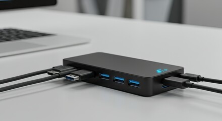 A black USB hub with several cables plugged into it sitting on a white surface near a laptop