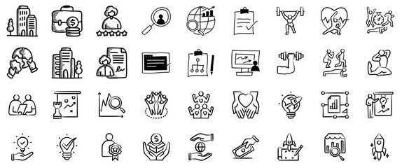 Hand-Drawn Business and Success Icons: Strategy, Growth, and Teamwork