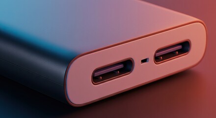A closeup of a power bank featuring two USB ports and a USBC port on a neutral background with gradient lighting