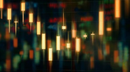 Fototapeta premium Abstract kaleidoscope of scrolling financial market data with vibrant orange lines against blurred green, red, blue,