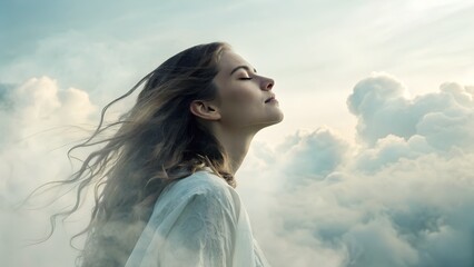 A woman with long hair stands against a backdrop of fluffy white clouds with her eyes closed peacefully
