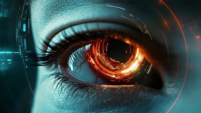 Futuristic bionic eye scanning data with hud interface