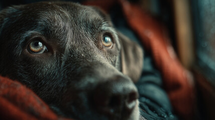Relaxed dog resting on a cozy blanket by the window in a rainy atmosphere