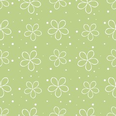 Repeating raster pattern with linear drawings of flowers on a green background