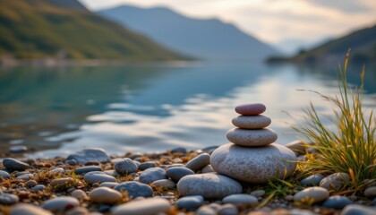still life by the water includes stones, grass and water, subject at top with rose gold tones, optimized for photo use, position subject clearly with ample copy space