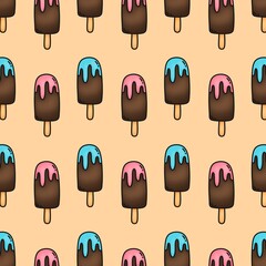 Chocolate popsicle ice cream with blue and pink glaze on beige background repeating pattern