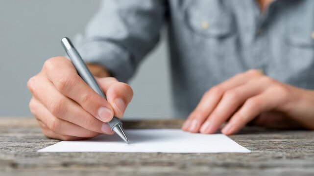 Precise hands capturing writing process on wooden surface, revealing sequential document creation with focused detail and professional approach
