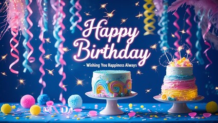 Happy Birthday wish with vibrant cakes, streamers, and sparkles celebrating a special day joyfully