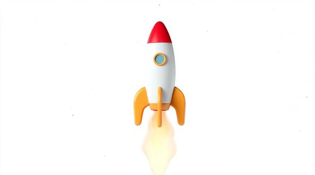 Simple 3D icon of a rocket ship launching with soft puffs of smoke at its base, isolated on a white background, symbolizing startups, innovation, growth, and business takeoff.
