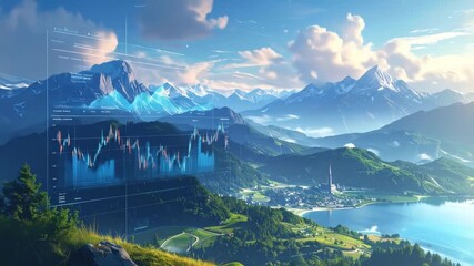 Mountainous Landscape with Futuristic Data Visualization Display - Powered by Adobe