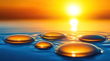 Golden drops on a blue water surface at sunset shimmering in the warm light creating a magical and