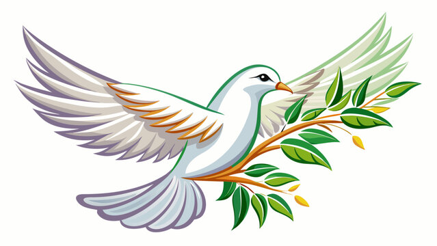 An isolated white dove of peace soars gracefully, carrying an olive branch. Its presence symbolizes hope, love, and prosperity, radiating harmony across the endless sky and tranquil world.