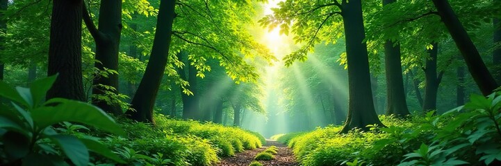 Obraz premium Lush green forest canopy, sunlight dappling through leaves, creating a magical, tranquil atmosphere Perfect for nature, environment, and serenity themes , rural, trees