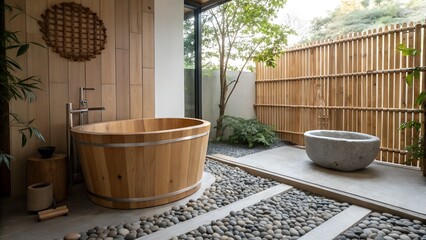 A serene bathroom featuring a wooden bathtub and stone accents with a bamboo fence backdrop outdoors