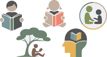 Reading Themed Icons Bookworms, Reading Under A Tree, Discussion, and Book in Brain Concept