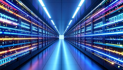 Futuristic server room with vibrant neon lights