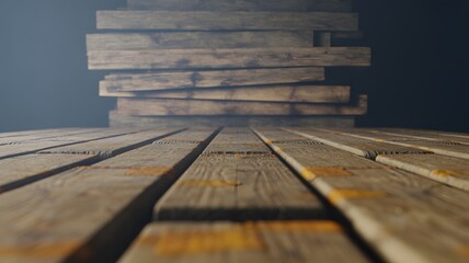 Rustic wooden planks and stacked lumber create a warm, textured background for product displays or rustic themes.
