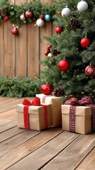 Decorated evergreen tree stands with wrapped gifts and festive ornaments, creating a warm holiday atmosphere in a cozy room