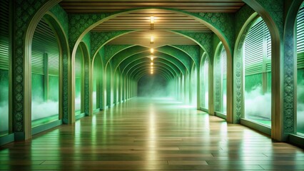 Naklejka premium Serene Emerald Corridor A Mystical Passageway with Arched Windows and Soft Lighting