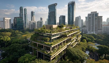 Obraz premium Aerial View of Sustainable Building with Green Rooftop and Urban Skyline, Eco-Friendly Architecture Captured by Drone