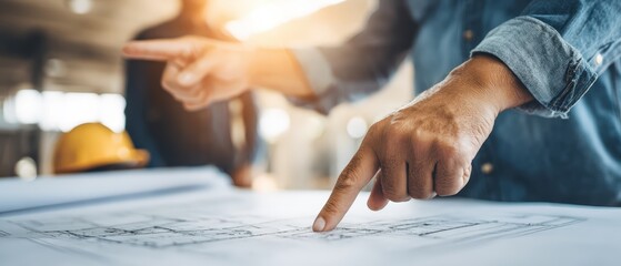 Close-up of a person's hand pointing at an architectural blueprint du a construction or design review process indoors