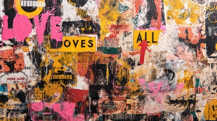 Fototapeta premium Urban Grunge Wall Art Texture with Layers of Torn Posters and Vibrant Colors