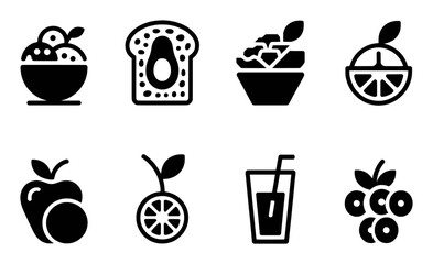 Fototapeta premium Collection of Healthy Food and Drink Icons: Fruits, Salad, Avocado Toast, and Juice