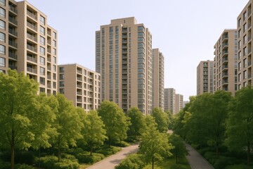 Modern Residential Apartment Buildings with Green Trees, Serene Urban Landscape and Pathways in Residential District