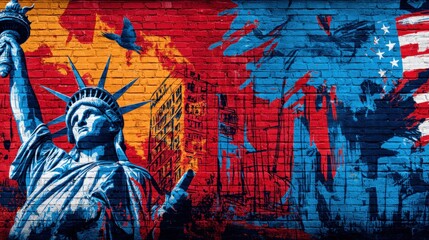 Patriotic Illustration of American Landmarks on Brick Wall, Celebrating Freedom, Independence, and National Identity