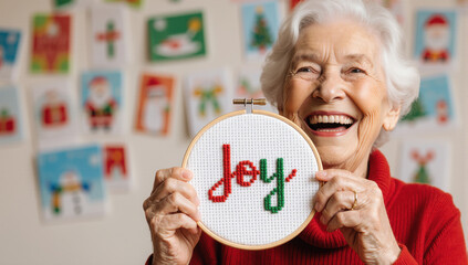 Elderly woman smiling, holding embroidery hoop with joy in red and green thread, festive holiday cards in background, cheerful atmosphere, Christmas theme