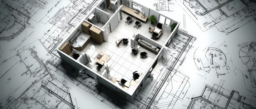 Detailed 3D architectural office interior design model with furniture and layout on blueprint background