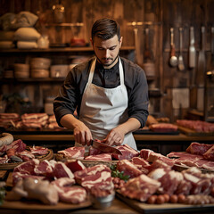 Master Butcher at Work: A focused butcher expertly cuts through prime cuts of meat in a traditional butcher shop, showcasing skill, precision, and the art of his trade.