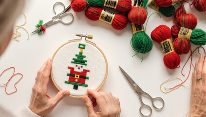 Cross stitch Christmas elf pattern embroidery hoop red and green yarn festive holiday craft hands working scissors cozy creative activity joyful seasonal decoration