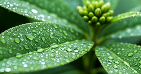 Refreshing greenery: Close-up video of vibrant leaves glistening with water droplets, showcasing - Powered by Adobe