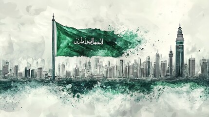 Watercolor painting of saudi arabian flag waving over a modern cityscape skyline illustration