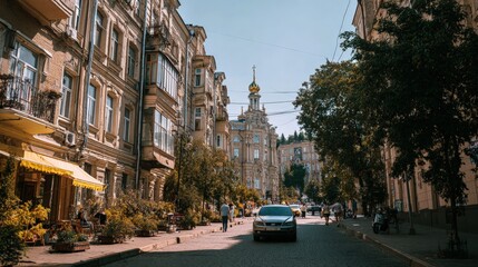 Fototapeta premium Urban Landscape with Historic Architecture, Sunny Street Scene, featuring a Car Driving on the Road