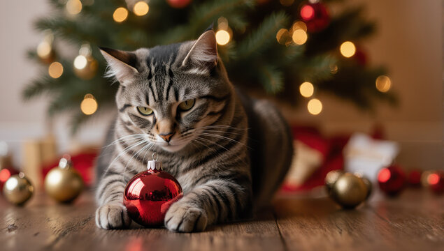 Tabby cat Christmas ornament festive holiday tree red decoration wooden floor cozy bokeh lights. tabby cat lies wooden floor with red Christmas ornament festive tree and warm bokeh lights create - Powered by Adobe