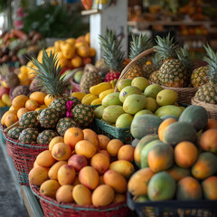 Tropical fruit paradise: A vibrant display of ripe, colorful tropical fruits beckons with the promise of freshness and exotic flavors, showcasing nature's bounty in an appealing market setting.