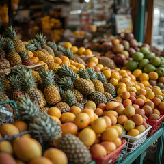 Fototapeta premium Vibrant Fruit Stand Display: A colorful display of various tropical fruits like pineapple, mangoes, oranges, and other seasonal harvest at a local market, presenting the essence of fresh produce.