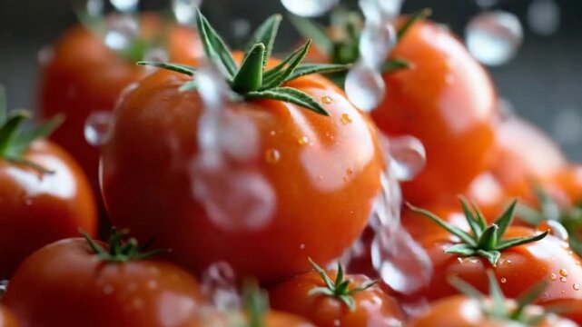 Fresh tomatoes with a splash of water. Filmed on a high-speed camera at 1000 fps. High quality FullHD footage