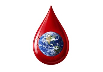 Obraz premium Red blood drop containing planet earth symbolizing global health and life support white background