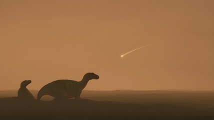 Ancient dinosaurs witness a fiery meteor streaking across a desolate prehistoric sky