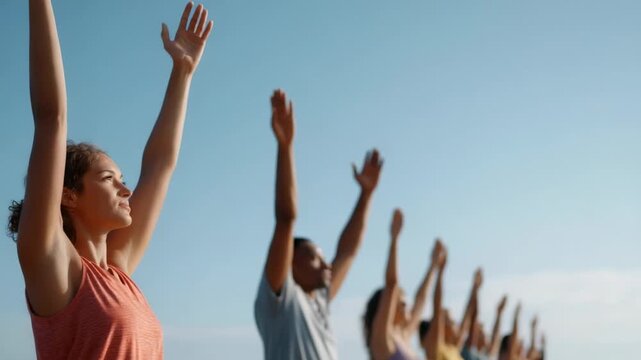 Fitness instructors are leading a yoga class outdoors, guiding participants in a ujjayi breath posture with arms raised towards the clear blue sky