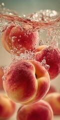 Fresh peaches splashing into water, creating bubbles, a vibrant and refreshing image for summer food and beverage concepts