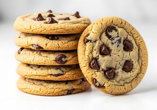Delicious homemade chocolate chip cookies stacked and one beside the pile freshly baked sweet treat white background - Powered by Adobe