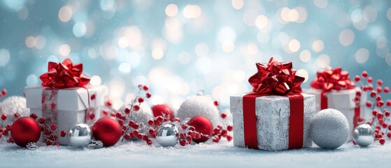 The beautifully wrapped Christmas gifts with festive decorations and bokeh background.