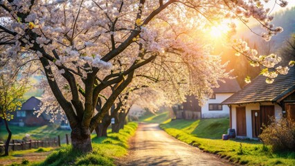 Serene Springtime Lane Blossoming Trees Frame a Picturesque Rural Road at Sunset